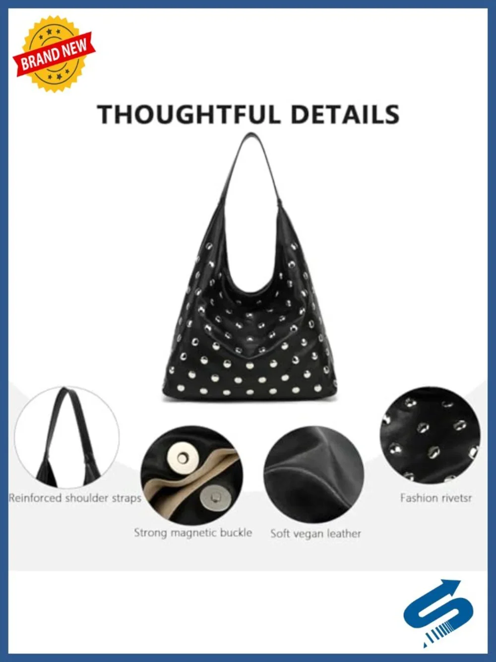 Studded Hobo Bag Vegan Leather Tote Slouchy Shoulder Purse